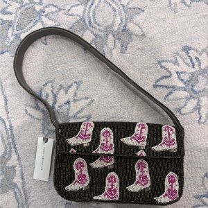Anthropologie Icon Beaded Shoulder Bag with Pink & White Cowboy Boot Motifs